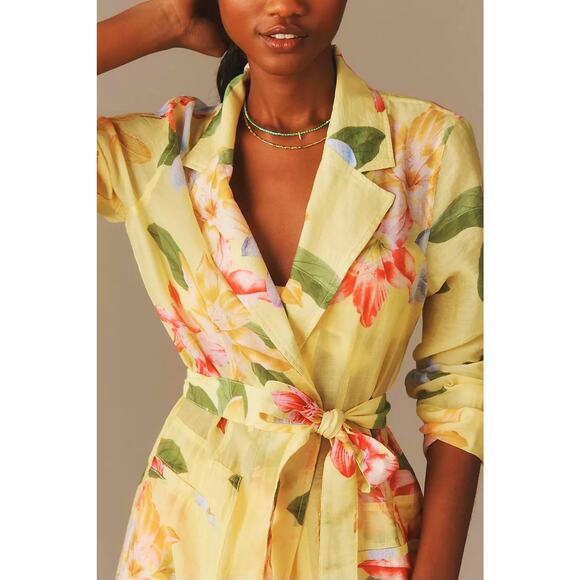 NWT Anthropologie Maeve Sheer Floral Printed Trench Coat $158 XXS Yellow - Picture 3 of 4